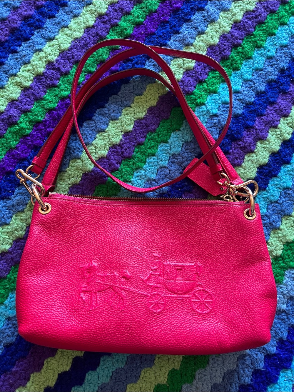 Coach Hot Pink Leather Shoulder Bag with Embossed Carriage
